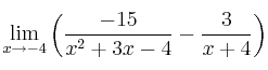 \lim\limits_{x \rightarrow -4} \left( \frac{-15}{x^2+3x-4} - \frac{3}{x+4}  \right)